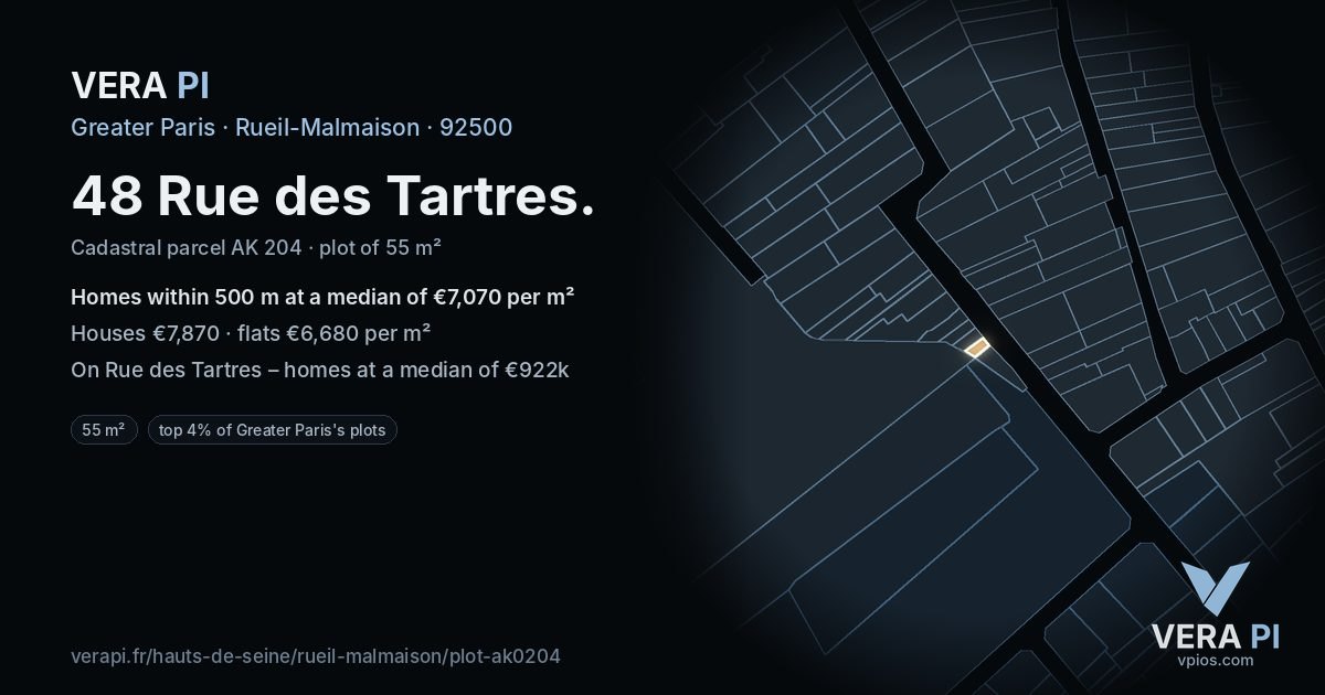 48 Rue des Tartres, Rueil-Malmaison at night – the plot lit, the parcels around coloured by the prices near them