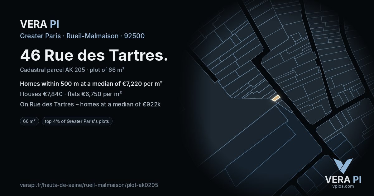 46 Rue des Tartres, Rueil-Malmaison at night – the plot lit, the parcels around coloured by the prices near them