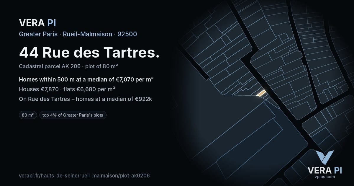 44 Rue des Tartres, Rueil-Malmaison at night – the plot lit, the parcels around coloured by the prices near them