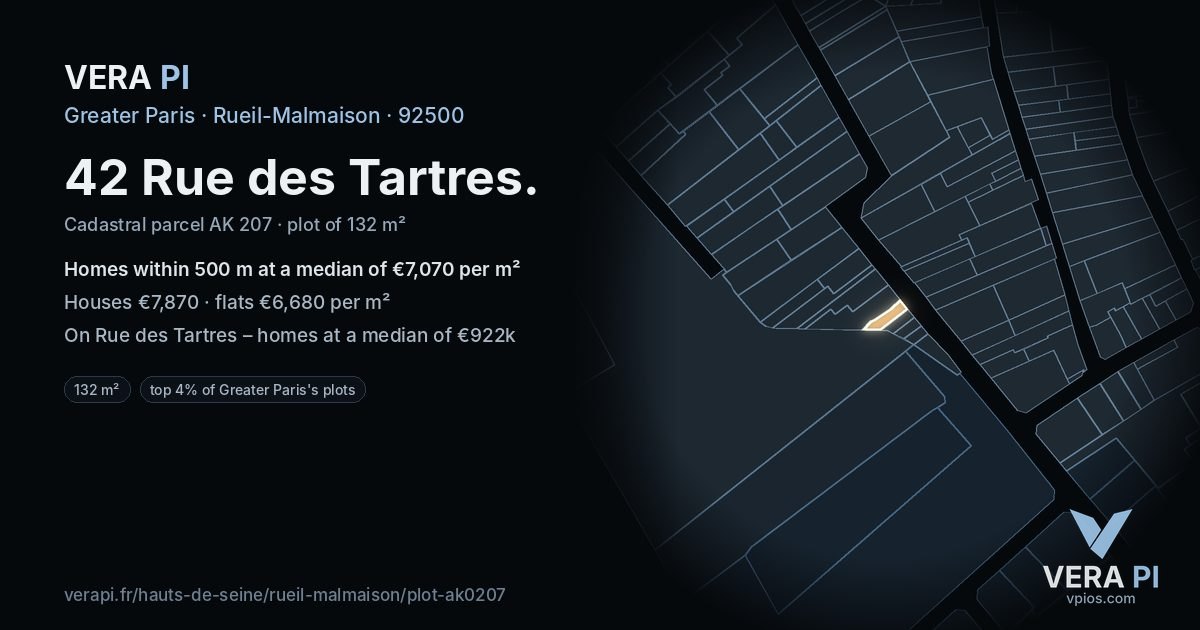 42 Rue des Tartres, Rueil-Malmaison at night – the plot lit, the parcels around coloured by the prices near them