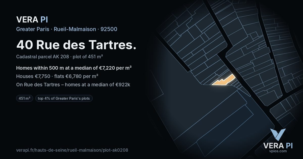 40 Rue des Tartres, Rueil-Malmaison at night – the plot lit, the parcels around coloured by the prices near them