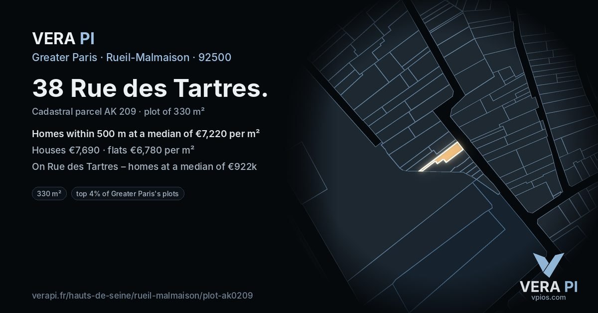 38 Rue des Tartres, Rueil-Malmaison at night – the plot lit, the parcels around coloured by the prices near them