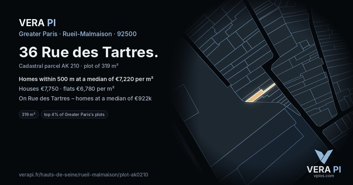 36 Rue des Tartres, Rueil-Malmaison at night – the plot lit, the parcels around coloured by the prices near them
