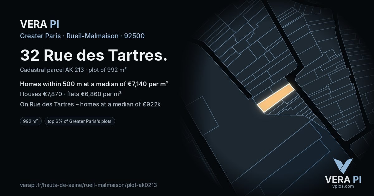 32 Rue des Tartres, Rueil-Malmaison at night – the plot lit, the parcels around coloured by the prices near them