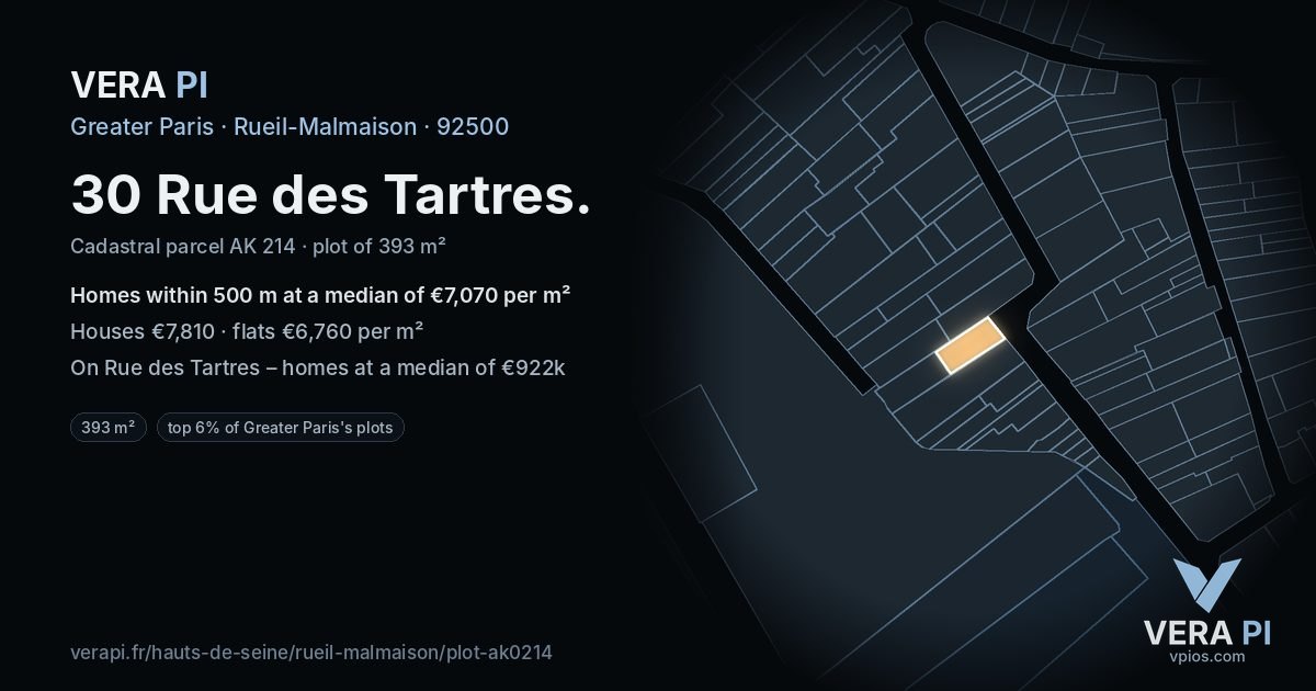 30 Rue des Tartres, Rueil-Malmaison at night – the plot lit, the parcels around coloured by the prices near them