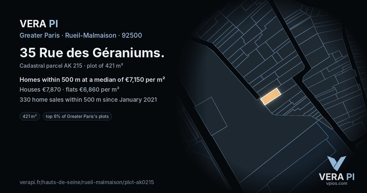 35 Rue des Géraniums, Rueil-Malmaison at night – the plot lit, the parcels around coloured by the prices near them