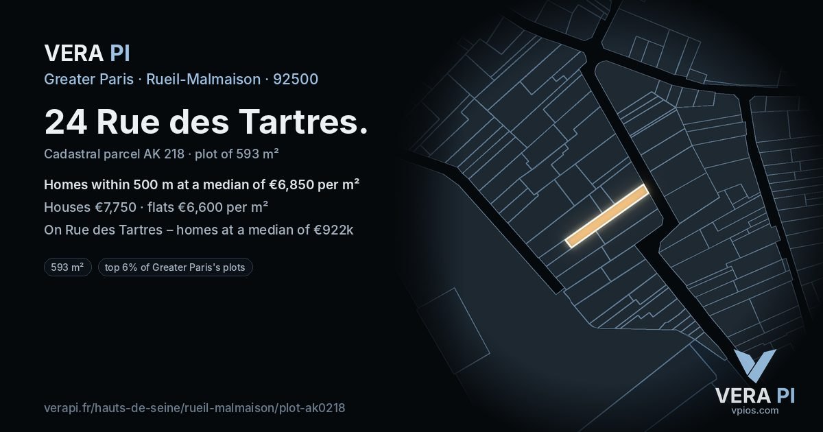 24 Rue des Tartres, Rueil-Malmaison at night – the plot lit, the parcels around coloured by the prices near them