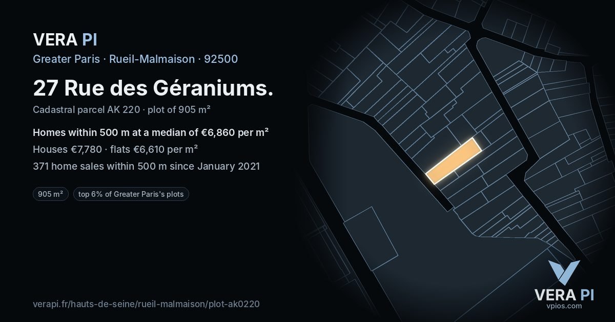 27 Rue des Géraniums, Rueil-Malmaison at night – the plot lit, the parcels around coloured by the prices near them