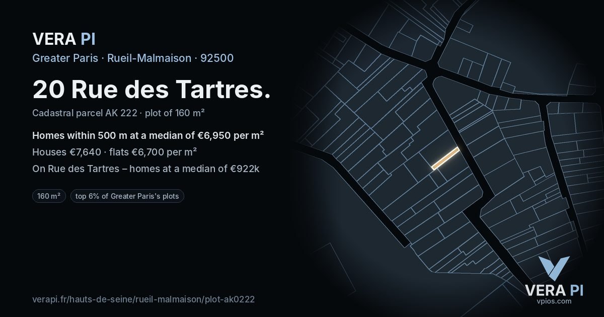 20 Rue des Tartres, Rueil-Malmaison at night – the plot lit, the parcels around coloured by the prices near them