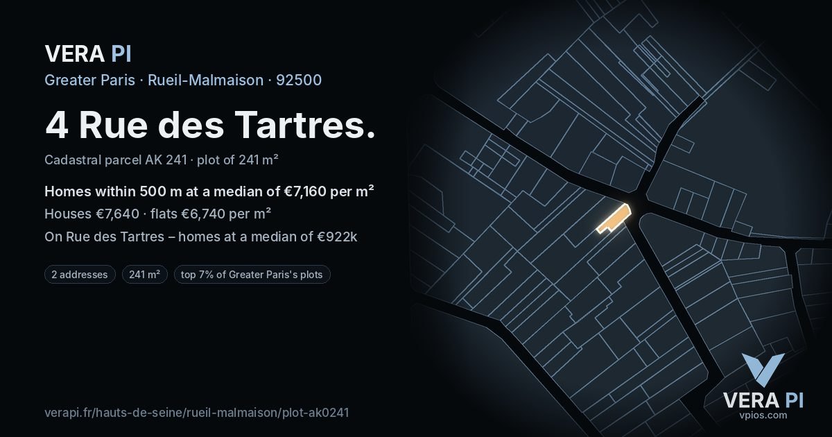 4 Rue des Tartres, Rueil-Malmaison at night – the plot lit, the parcels around coloured by the prices near them