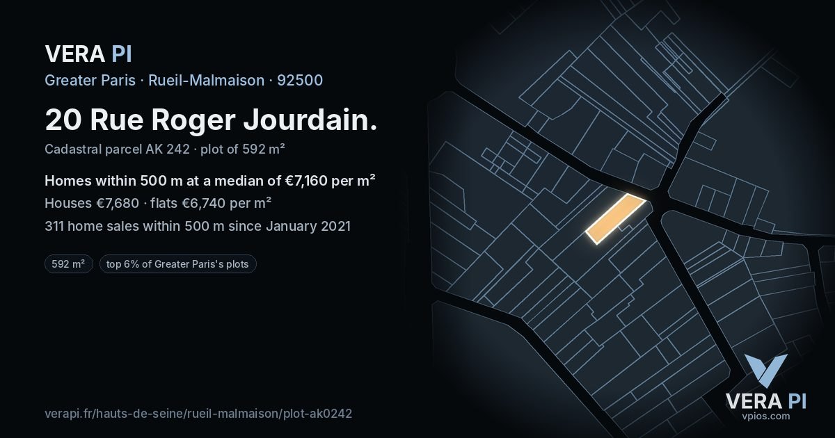 20 Rue Roger Jourdain, Rueil-Malmaison at night – the plot lit, the parcels around coloured by the prices near them