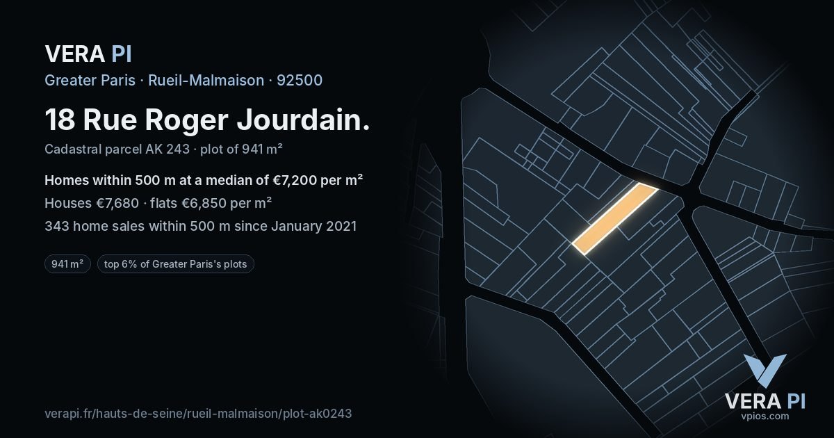 18 Rue Roger Jourdain, Rueil-Malmaison at night – the plot lit, the parcels around coloured by the prices near them