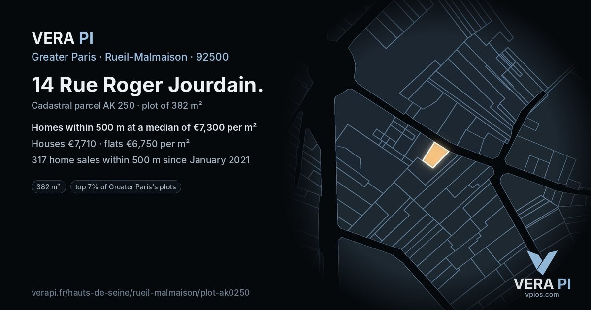 14 Rue Roger Jourdain, Rueil-Malmaison at night – the plot lit, the parcels around coloured by the prices near them