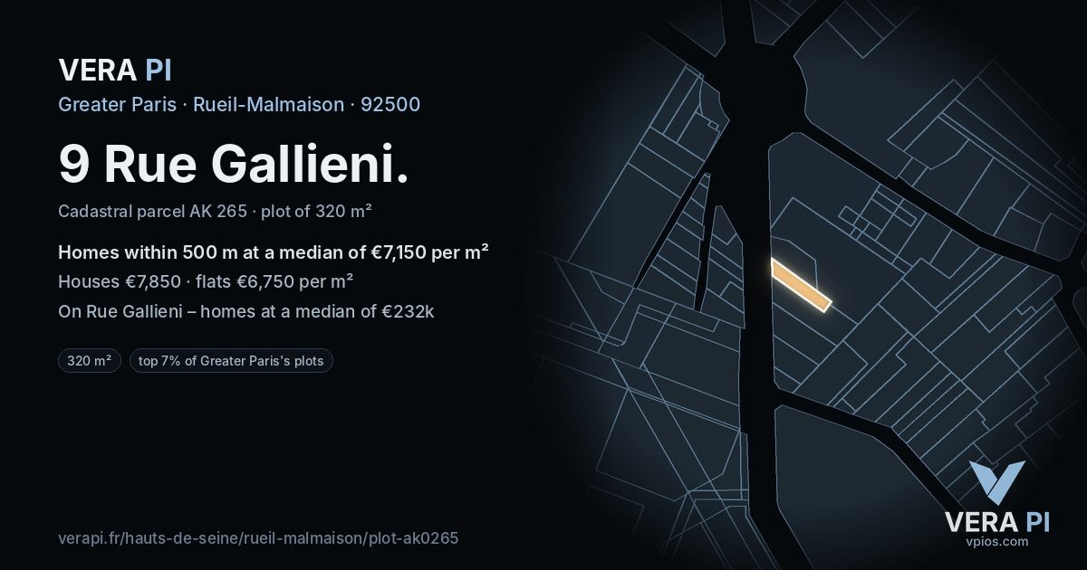 9 Rue Gallieni, Rueil-Malmaison at night – the plot lit, the parcels around coloured by the prices near them