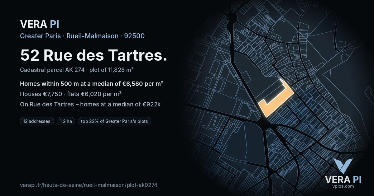 52 Rue des Tartres, Rueil-Malmaison at night – the plot lit, the parcels around coloured by the prices near them