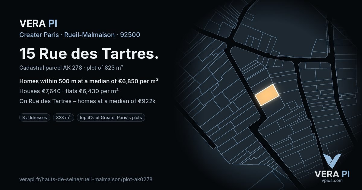 15 Rue des Tartres, Rueil-Malmaison at night – the plot lit, the parcels around coloured by the prices near them