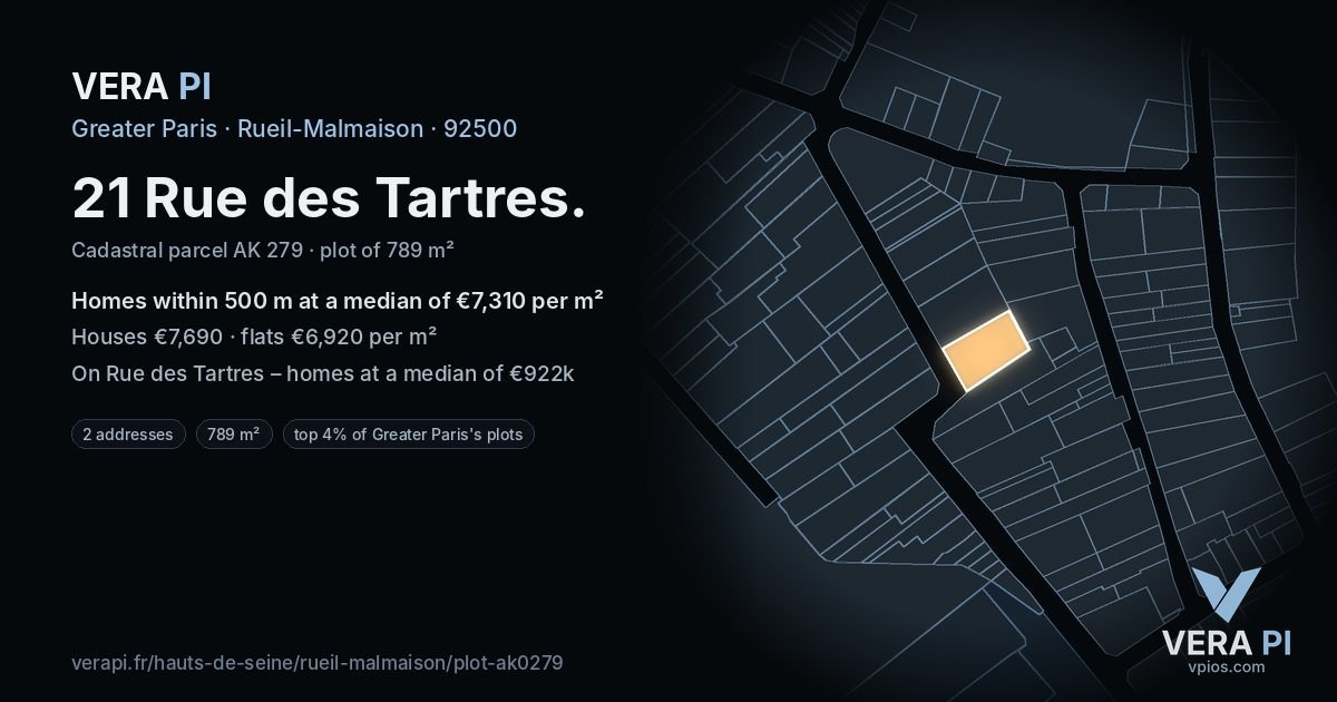 21 Rue des Tartres, Rueil-Malmaison at night – the plot lit, the parcels around coloured by the prices near them