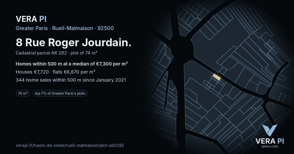 8 Rue Roger Jourdain, Rueil-Malmaison at night – the plot lit, the parcels around coloured by the prices near them