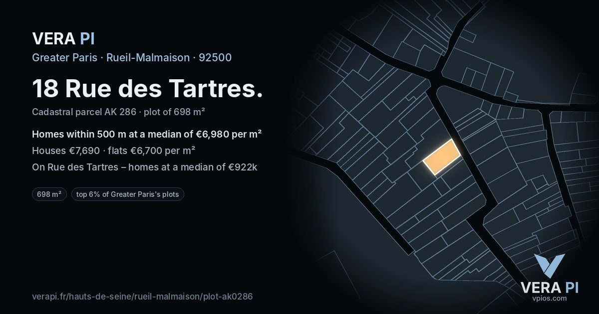 18 Rue des Tartres, Rueil-Malmaison at night – the plot lit, the parcels around coloured by the prices near them