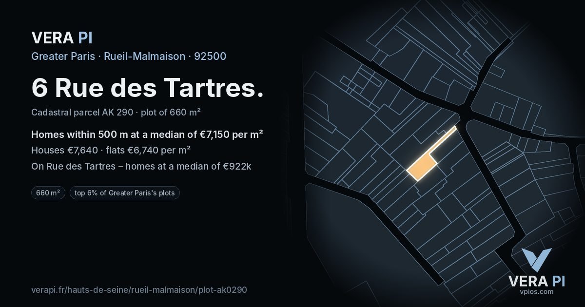 6 Rue des Tartres, Rueil-Malmaison at night – the plot lit, the parcels around coloured by the prices near them