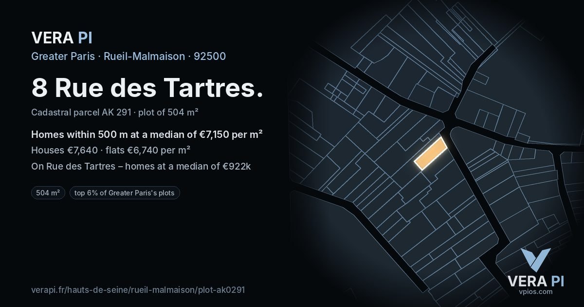 8 Rue des Tartres, Rueil-Malmaison at night – the plot lit, the parcels around coloured by the prices near them