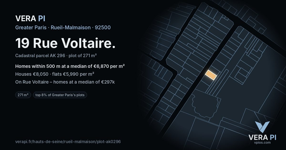 19 Rue Voltaire, Rueil-Malmaison at night – the plot lit, the parcels around coloured by the prices near them
