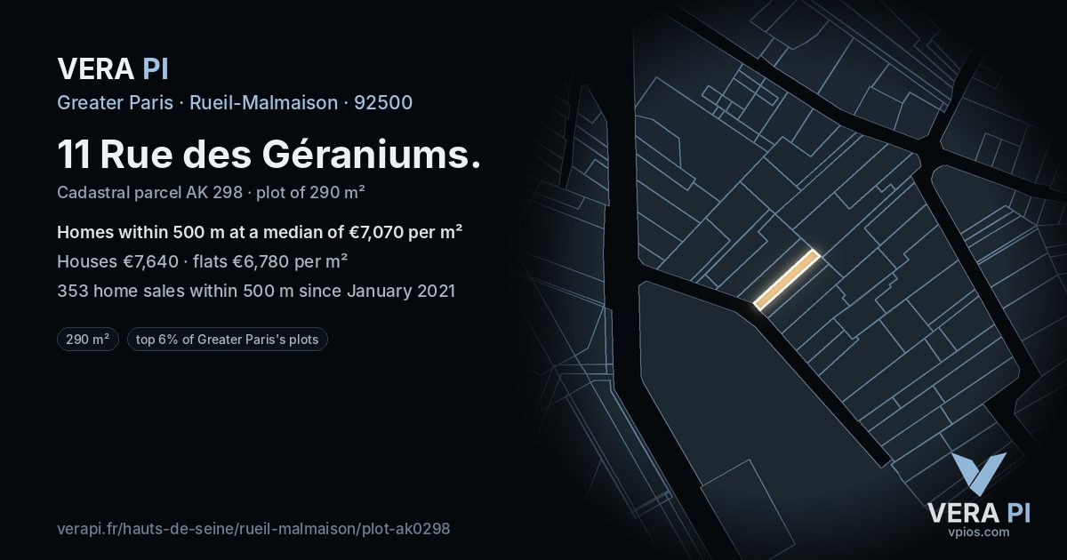 11 Rue des Géraniums, Rueil-Malmaison at night – the plot lit, the parcels around coloured by the prices near them