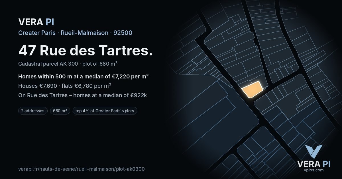 47 Rue des Tartres, Rueil-Malmaison at night – the plot lit, the parcels around coloured by the prices near them