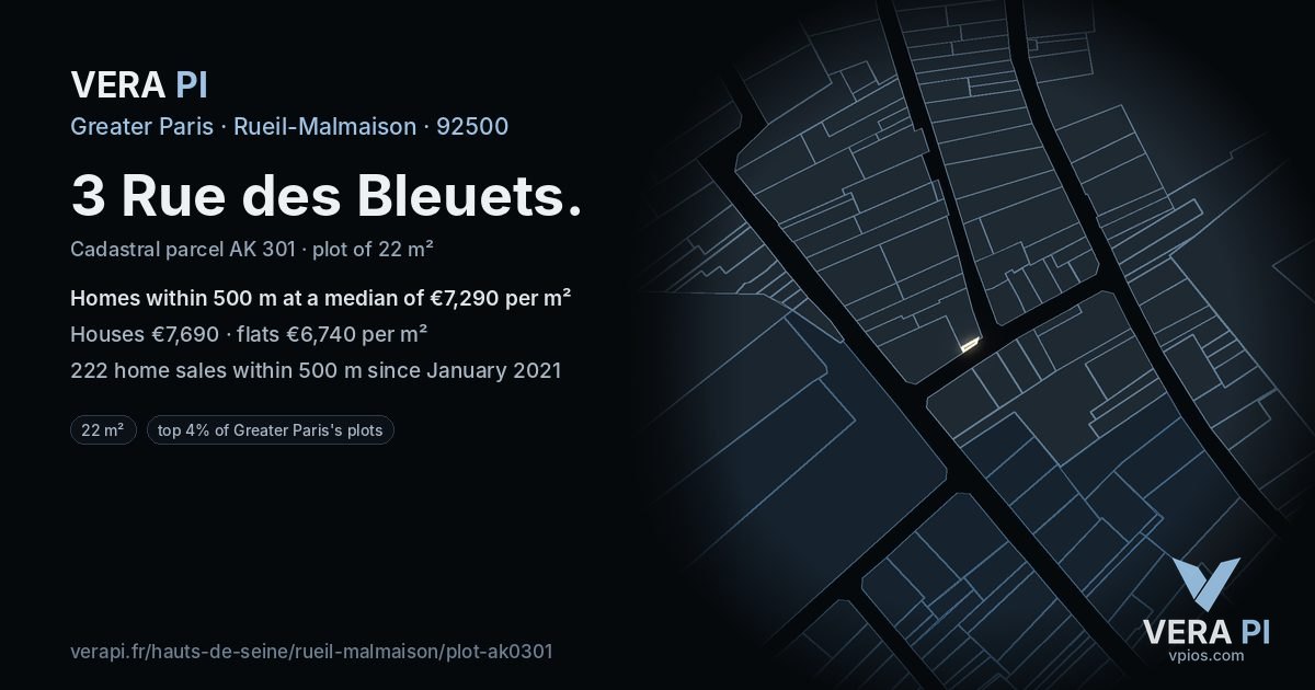 3 Rue des Bleuets, Rueil-Malmaison at night – the plot lit, the parcels around coloured by the prices near them