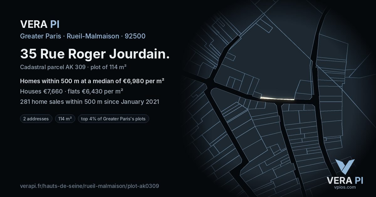 35 Rue Roger Jourdain, Rueil-Malmaison at night – the plot lit, the parcels around coloured by the prices near them