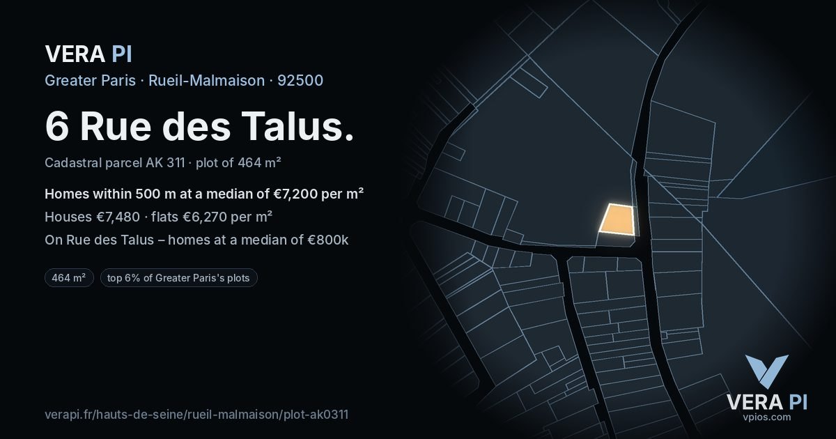 6 Rue des Talus, Rueil-Malmaison at night – the plot lit, the parcels around coloured by the prices near them