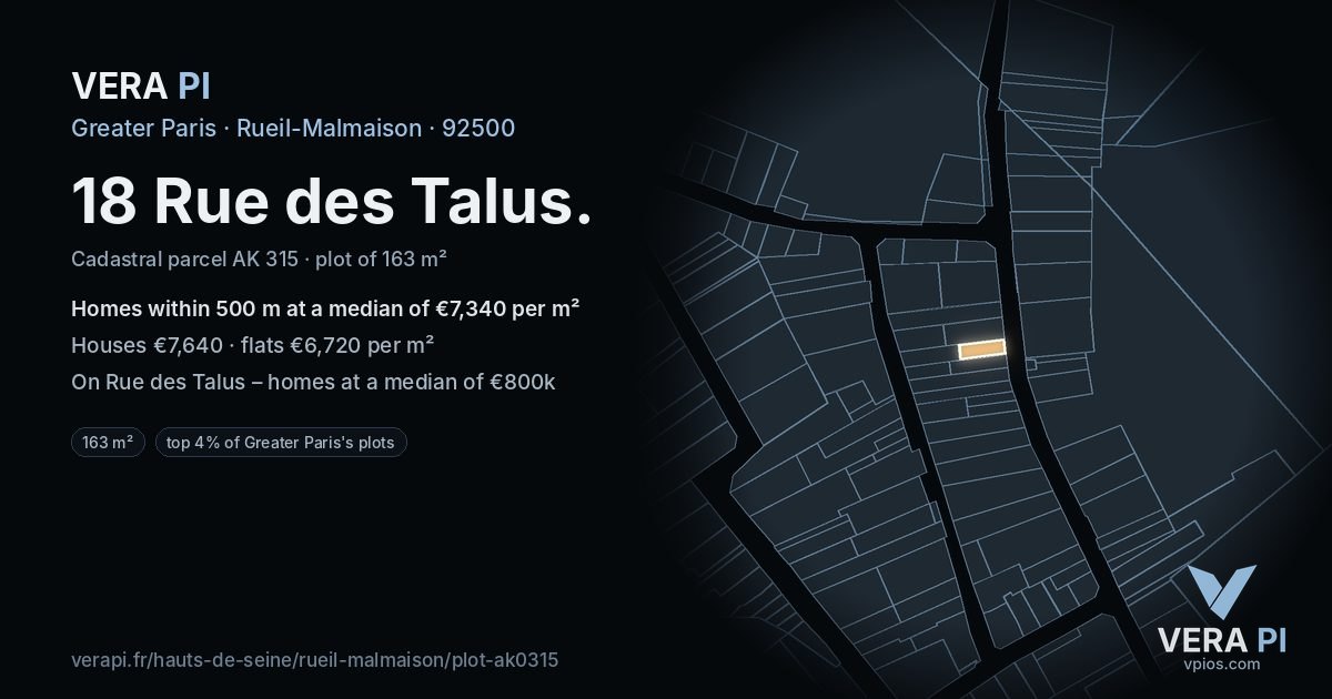 18 Rue des Talus, Rueil-Malmaison at night – the plot lit, the parcels around coloured by the prices near them