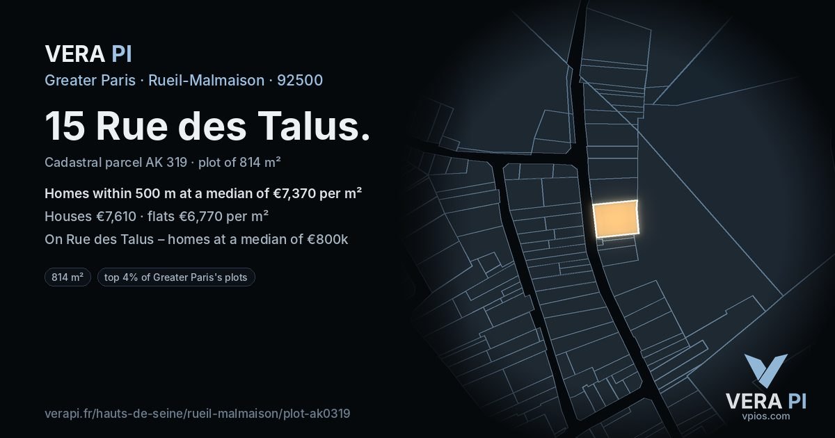 15 Rue des Talus, Rueil-Malmaison at night – the plot lit, the parcels around coloured by the prices near them