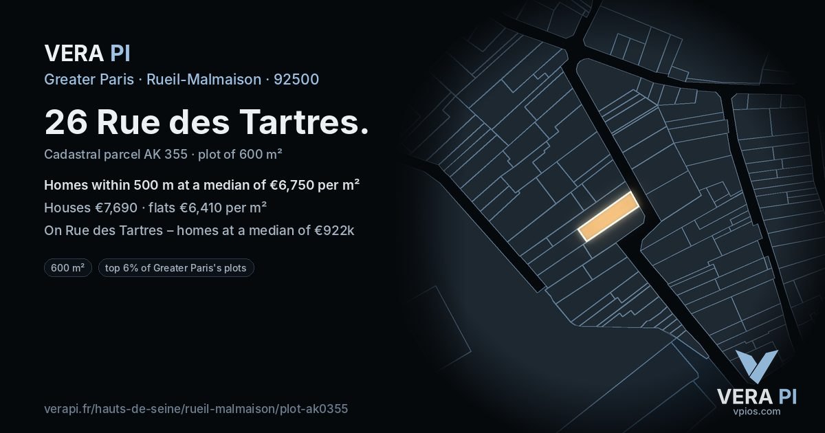 26 Rue des Tartres, Rueil-Malmaison at night – the plot lit, the parcels around coloured by the prices near them