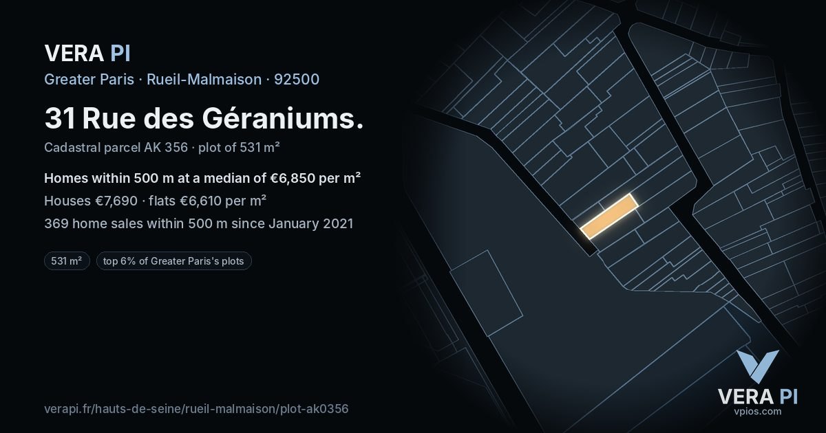 31 Rue des Géraniums, Rueil-Malmaison at night – the plot lit, the parcels around coloured by the prices near them