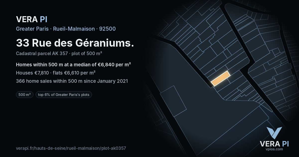 33 Rue des Géraniums, Rueil-Malmaison at night – the plot lit, the parcels around coloured by the prices near them