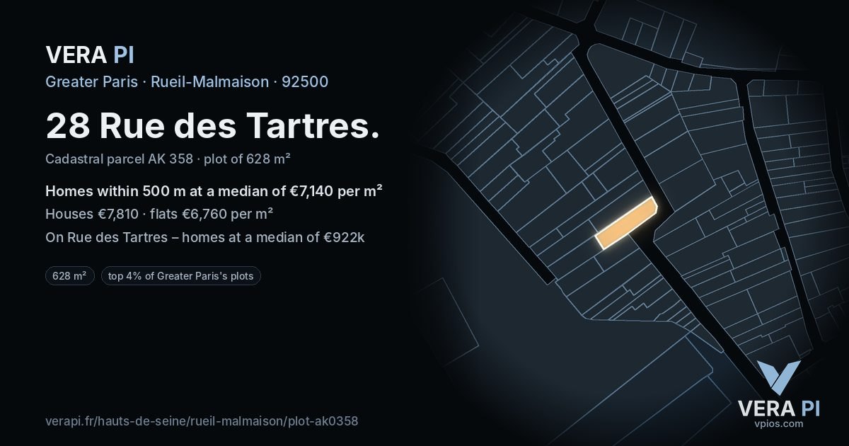 28 Rue des Tartres, Rueil-Malmaison at night – the plot lit, the parcels around coloured by the prices near them