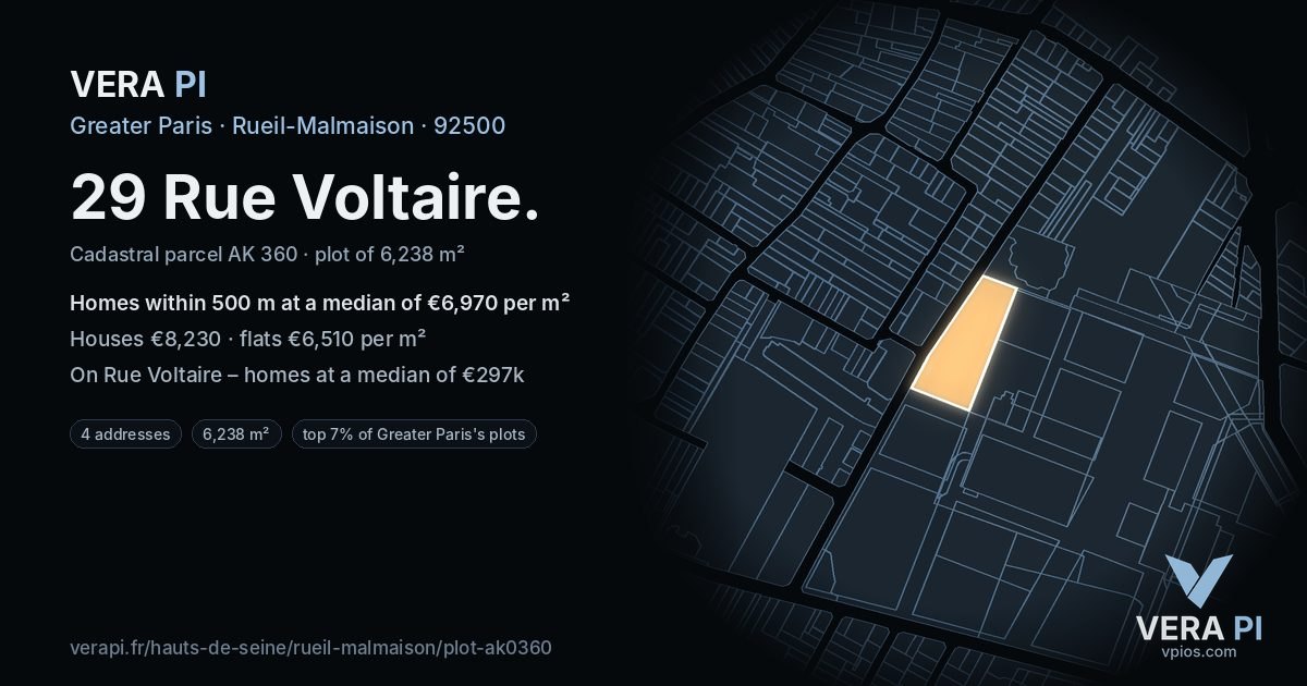 29 Rue Voltaire, Rueil-Malmaison at night – the plot lit, the parcels around coloured by the prices near them