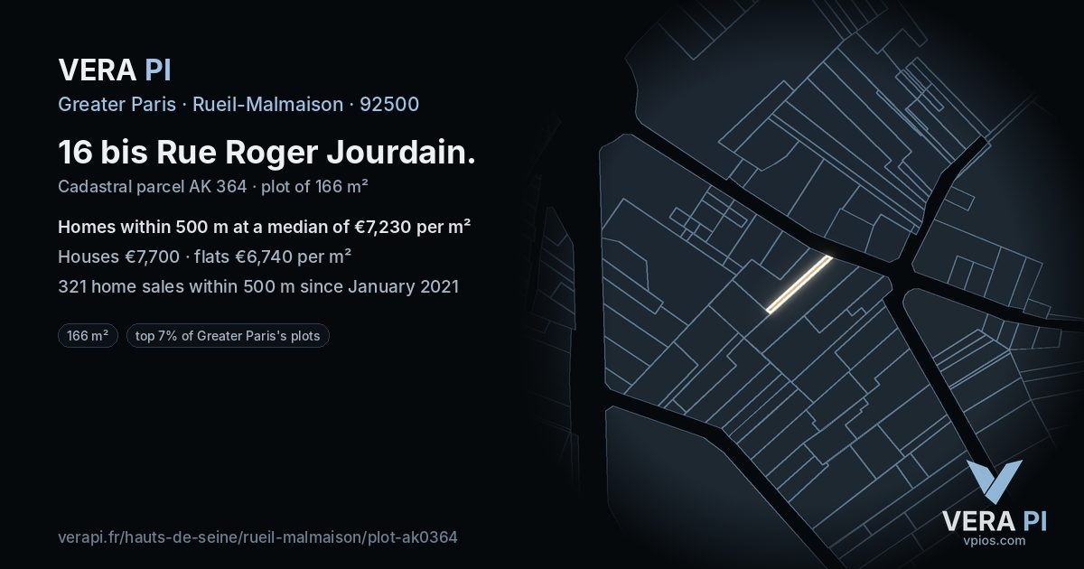 16 bis Rue Roger Jourdain, Rueil-Malmaison at night – the plot lit, the parcels around coloured by the prices near them