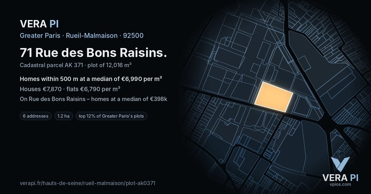 71 Rue des Bons Raisins, Rueil-Malmaison at night – the plot lit, the parcels around coloured by the prices near them