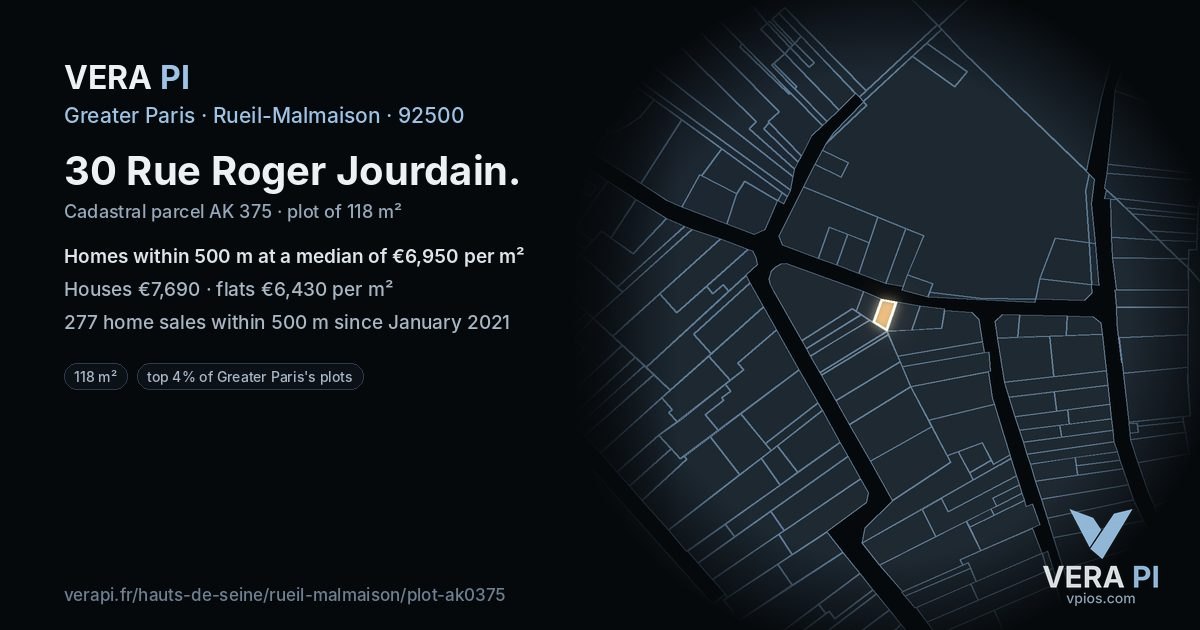 30 Rue Roger Jourdain, Rueil-Malmaison at night – the plot lit, the parcels around coloured by the prices near them