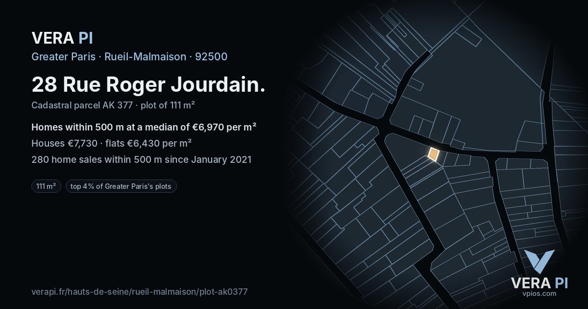 28 Rue Roger Jourdain, Rueil-Malmaison at night – the plot lit, the parcels around coloured by the prices near them