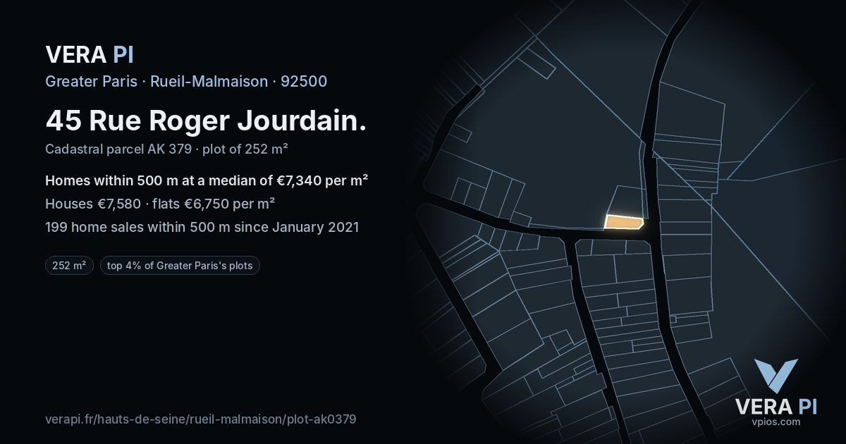 45 Rue Roger Jourdain, Rueil-Malmaison at night – the plot lit, the parcels around coloured by the prices near them