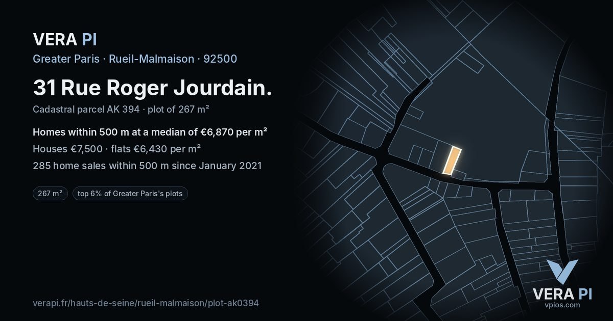 31 Rue Roger Jourdain, Rueil-Malmaison at night – the plot lit, the parcels around coloured by the prices near them