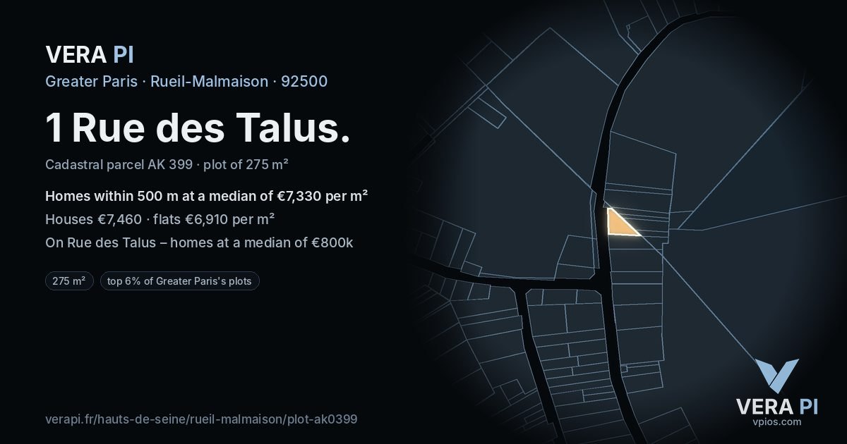 1 Rue des Talus, Rueil-Malmaison at night – the plot lit, the parcels around coloured by the prices near them