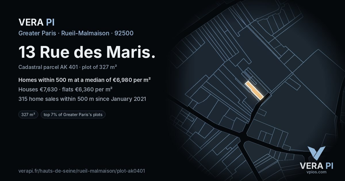 13 Rue des Maris, Rueil-Malmaison at night – the plot lit, the parcels around coloured by the prices near them