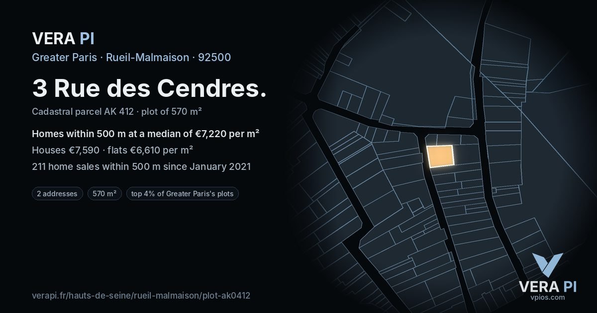 3 Rue des Cendres, Rueil-Malmaison at night – the plot lit, the parcels around coloured by the prices near them