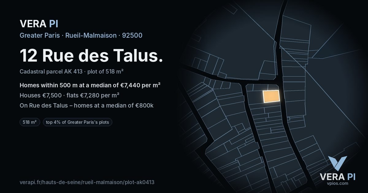 12 Rue des Talus, Rueil-Malmaison at night – the plot lit, the parcels around coloured by the prices near them
