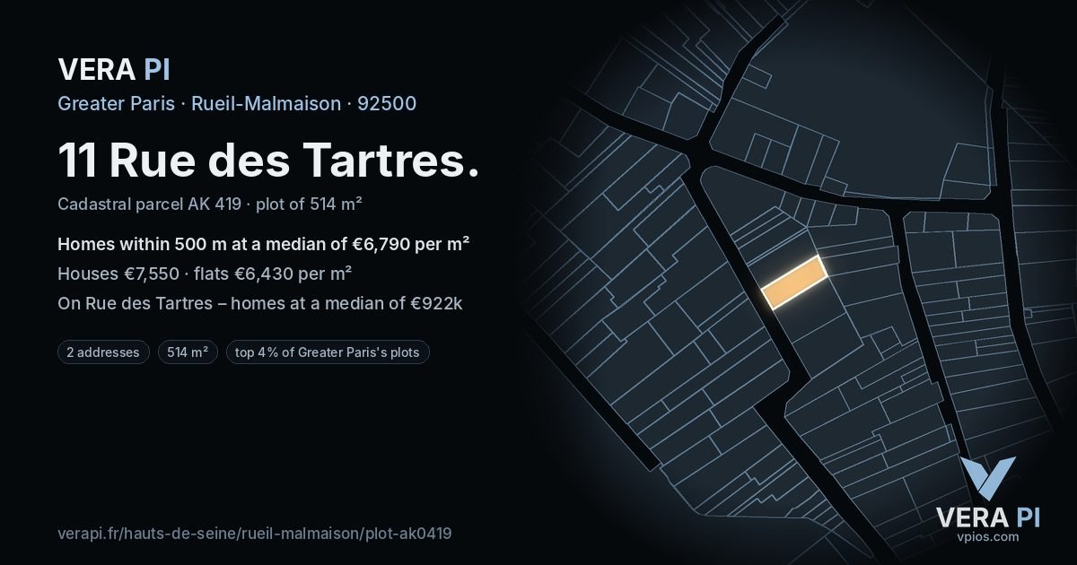 11 Rue des Tartres, Rueil-Malmaison at night – the plot lit, the parcels around coloured by the prices near them