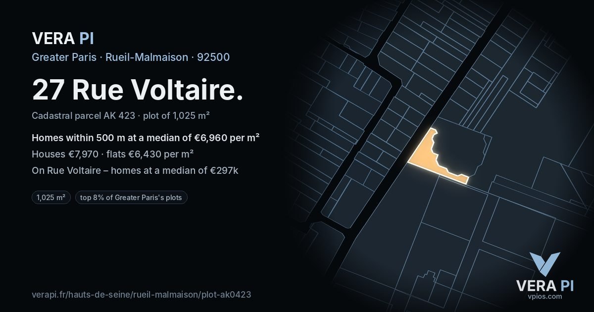 27 Rue Voltaire, Rueil-Malmaison at night – the plot lit, the parcels around coloured by the prices near them